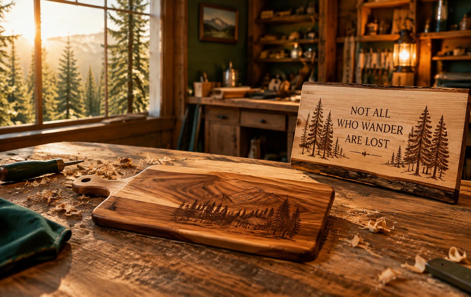 Engraved cutting board and carved pine sign on a workbench at golden hour